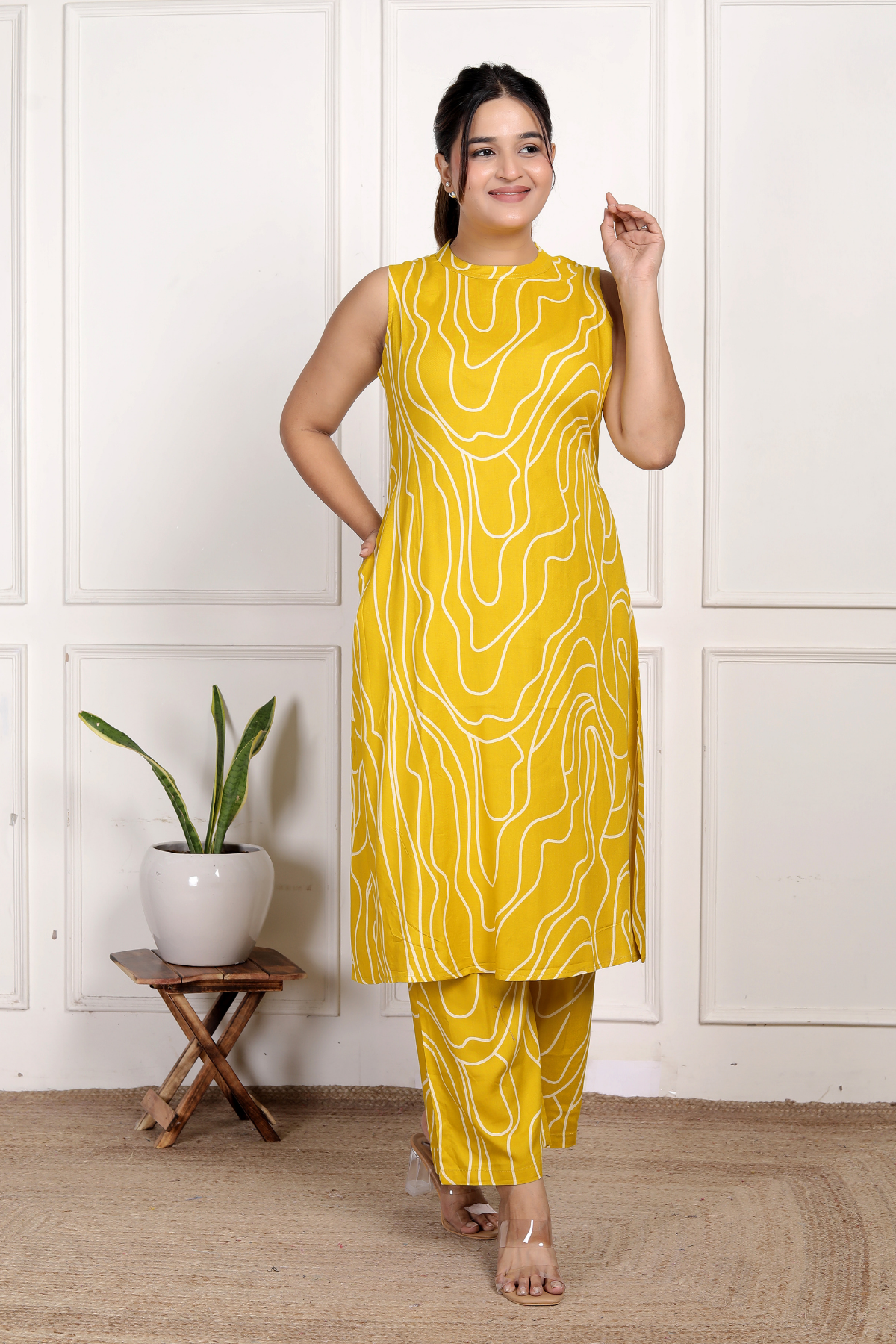 Sunny Yellow Abstract Rayon Co-ord Set