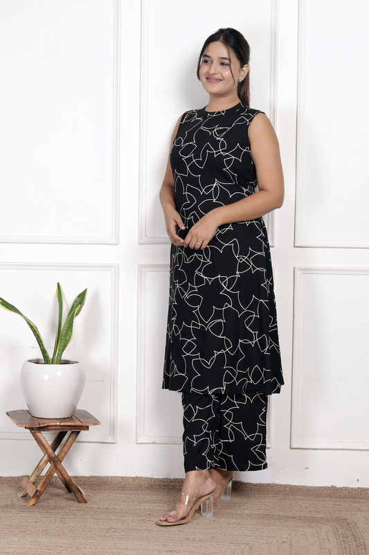 Breezy Black Floral Rayon Co-ord Set