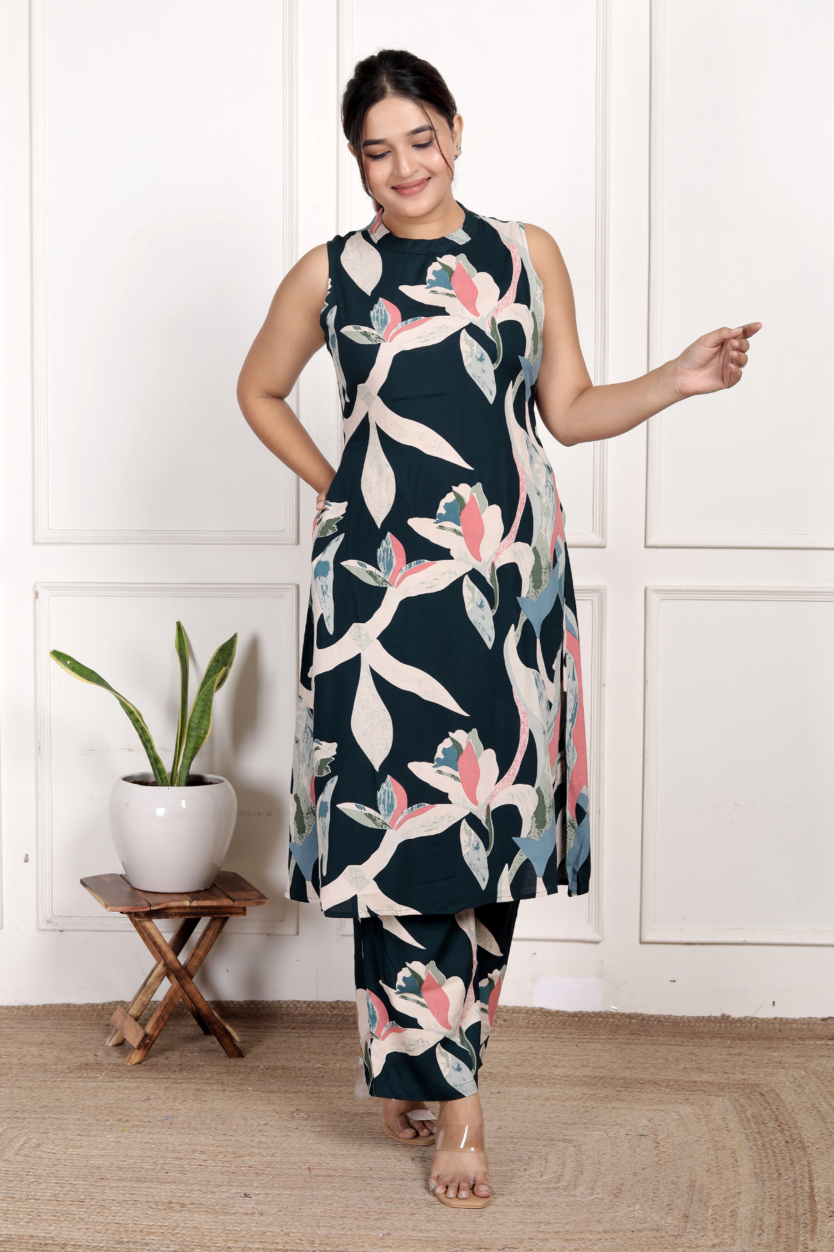 Versatile Navy Abstract Rayon Co-ord Set