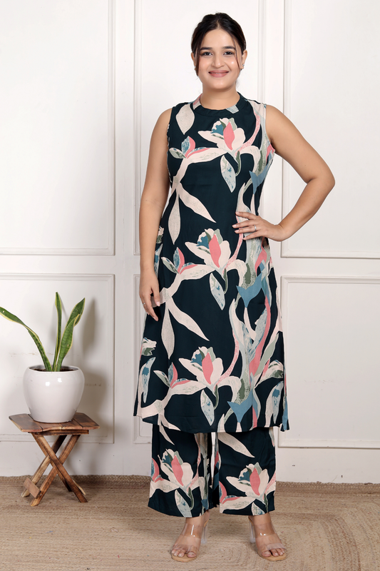 Versatile Navy Abstract Rayon Co-ord Set