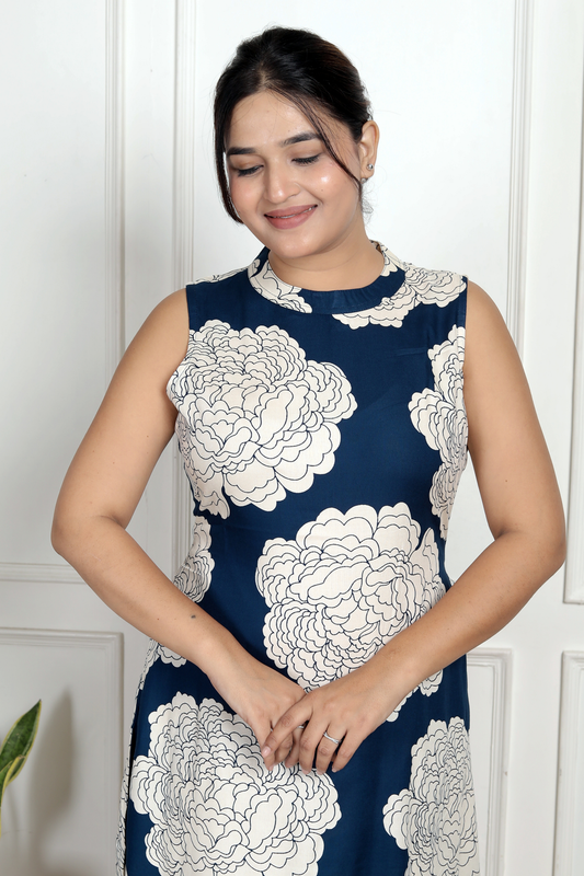 Classic Navy Blue Floral Rayon Co-ord Set
