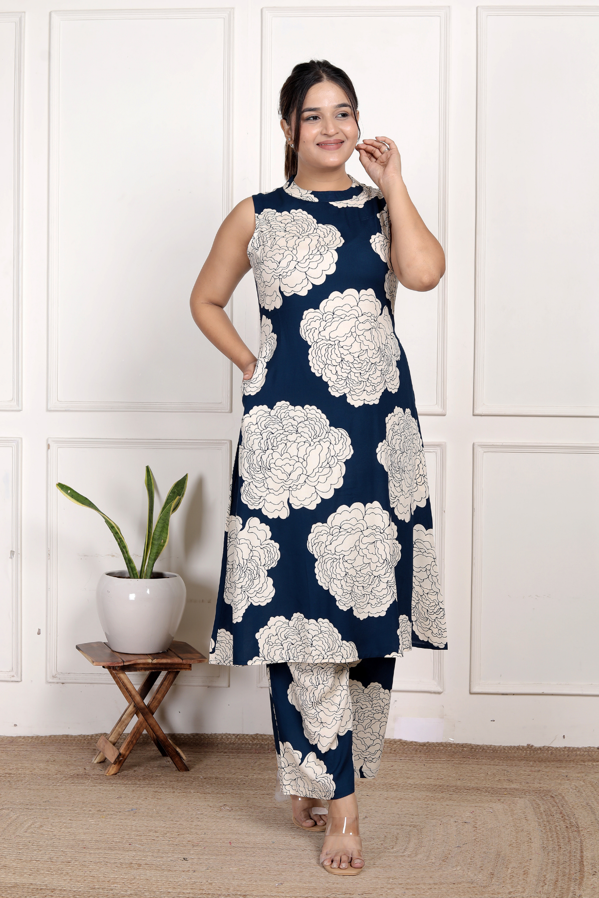 Classic Navy Blue Floral Rayon Co-ord Set