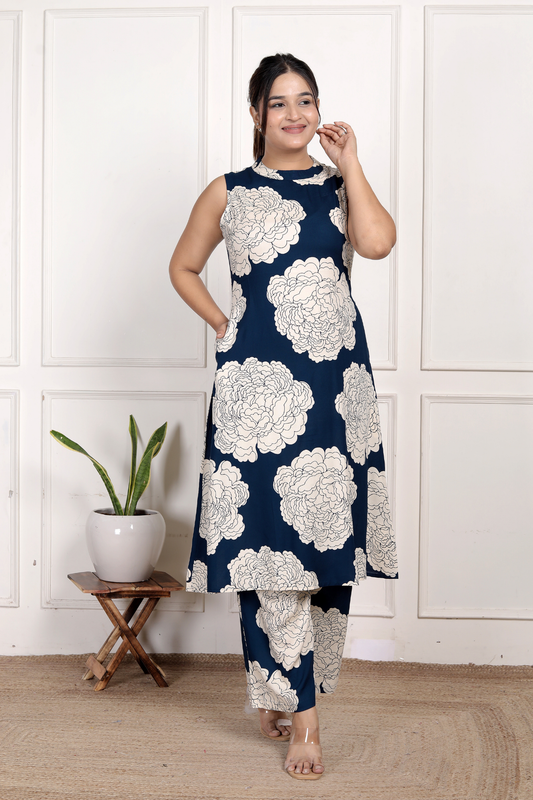 Classic Navy Blue Floral Rayon Co-ord Set