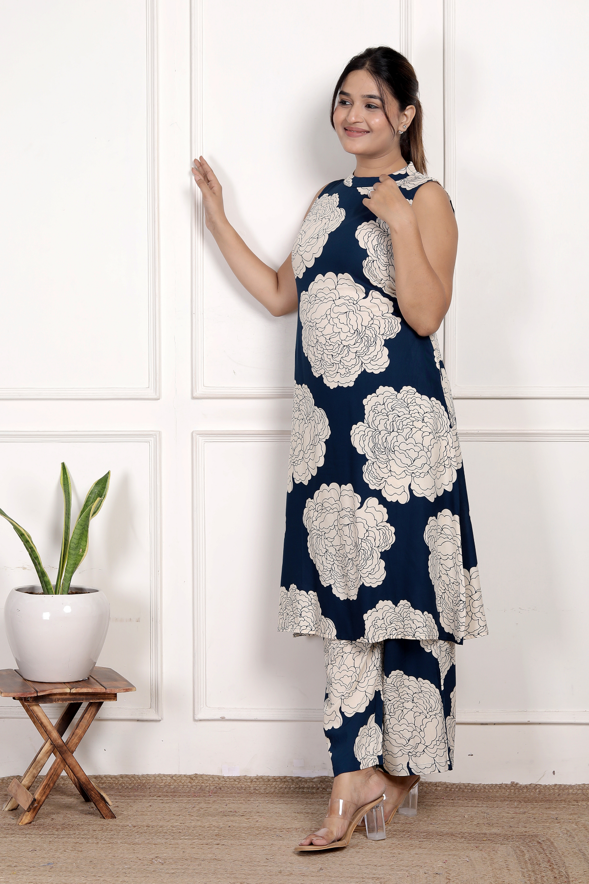 Classic Navy Blue Floral Rayon Co-ord Set