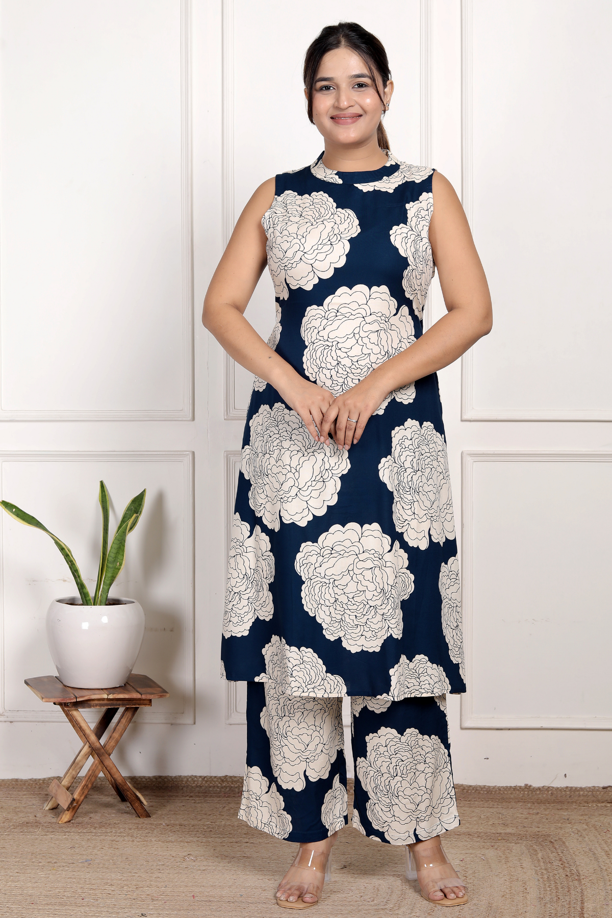 Classic Navy Blue Floral Rayon Co-ord Set