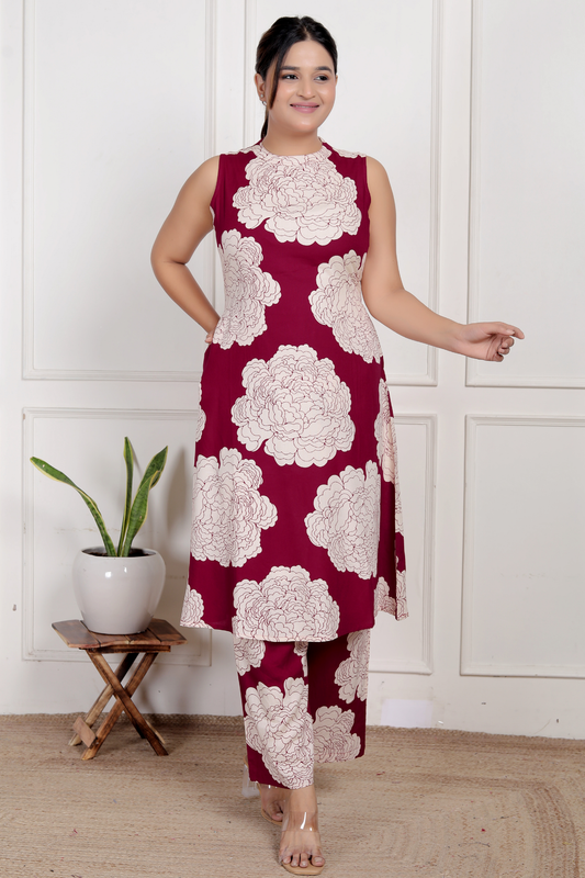 Elegant Maroon Floral Rayon Co-ord Set