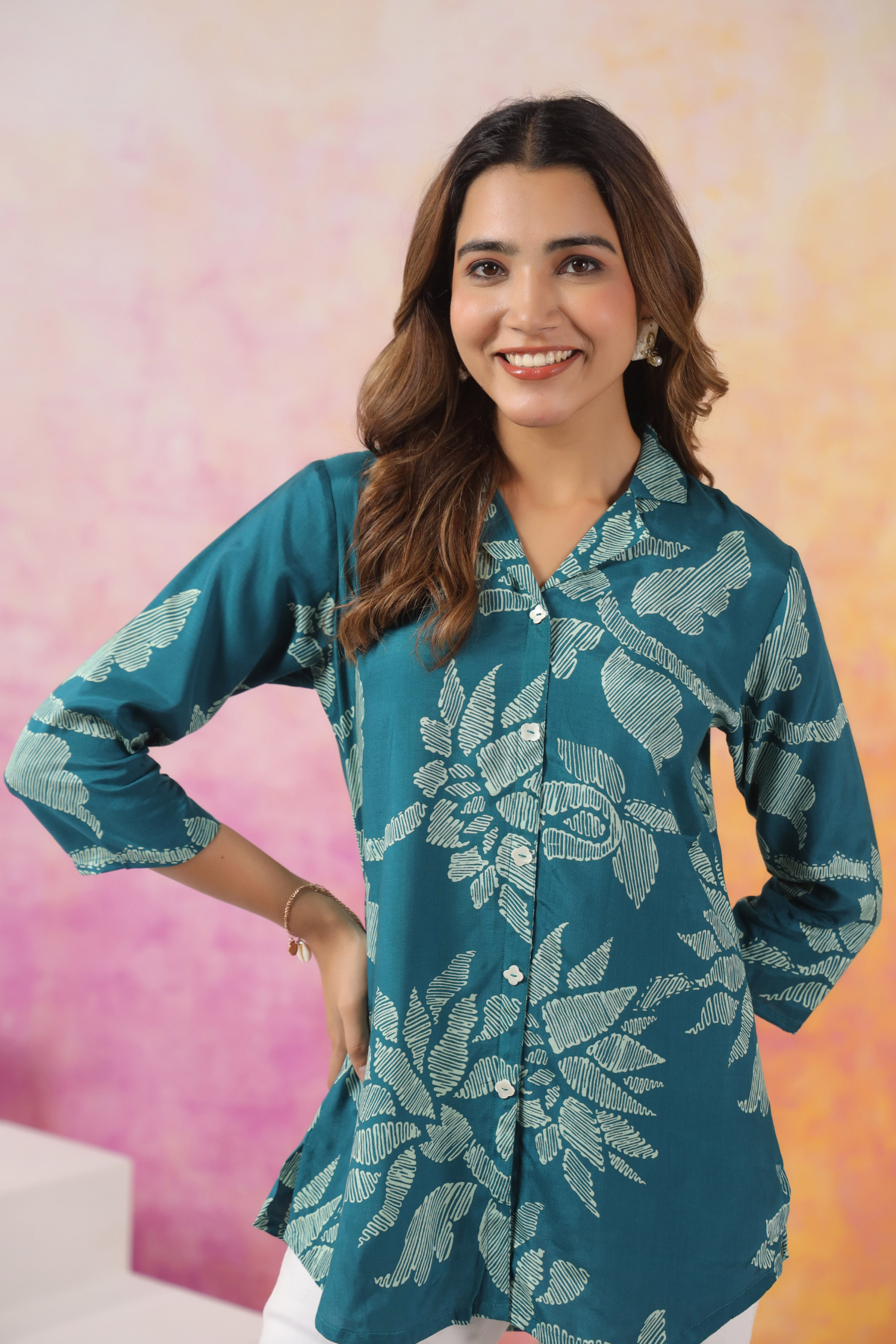 Light Green Floral Cotton Blend Short Kurti