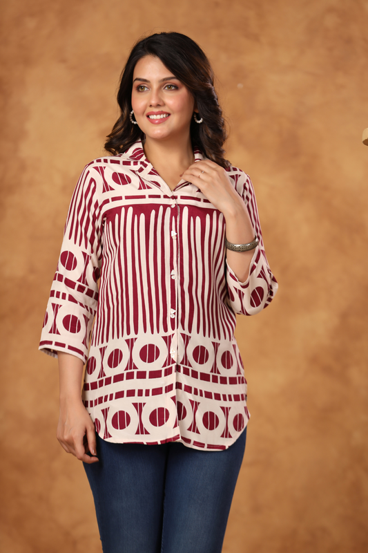 Maroon Geometric Cotton Blend Short Kurti