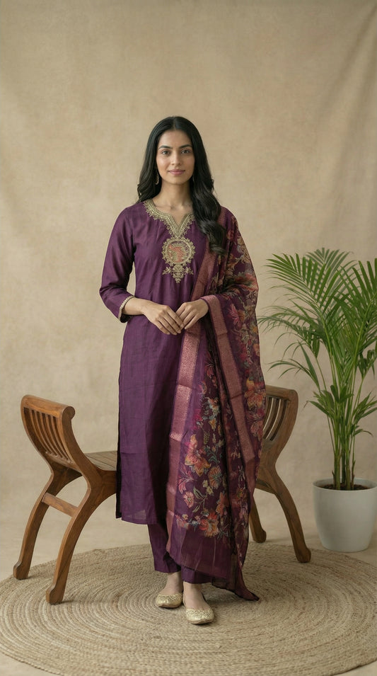 Wine Colour Embroidered Kurta Set with Printed Dupatta