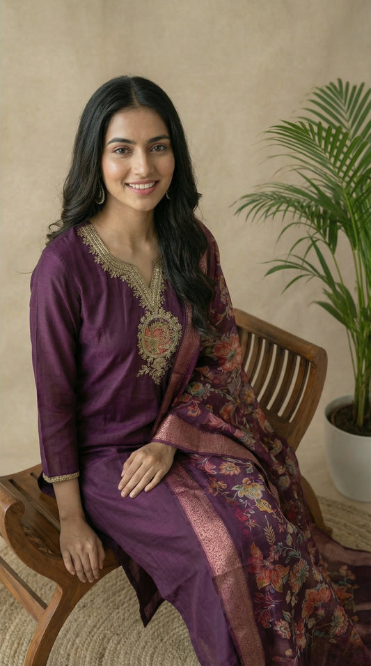 Wine Colour Embroidered Kurta Set with Printed Dupatta