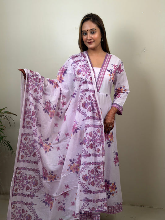 Lavender Floral Cotton Kurta Set with Printed Dupatta