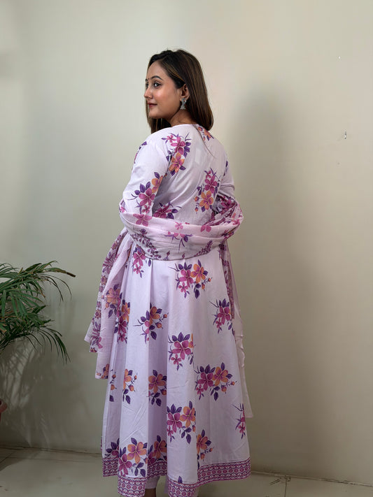 Lavender Floral Cotton Kurta Set with Printed Dupatta