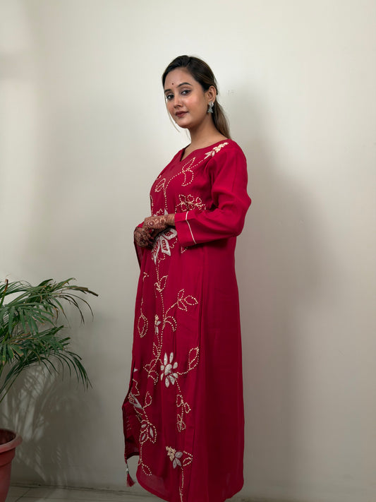 Maroon Floral Embroidered Kurta Set with Dupatta