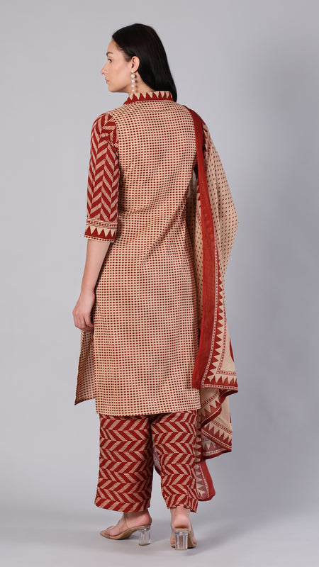 Maroon Geometric Pure Cotton Suit Set