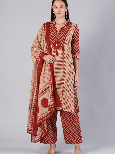 Maroon Geometric Pure Cotton Suit Set