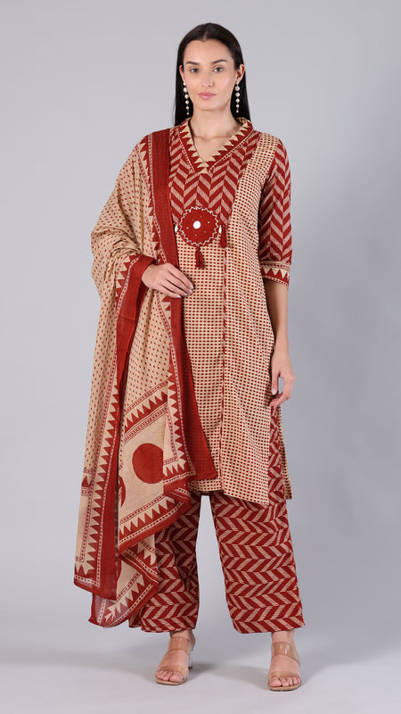 Maroon Geometric Pure Cotton Suit Set