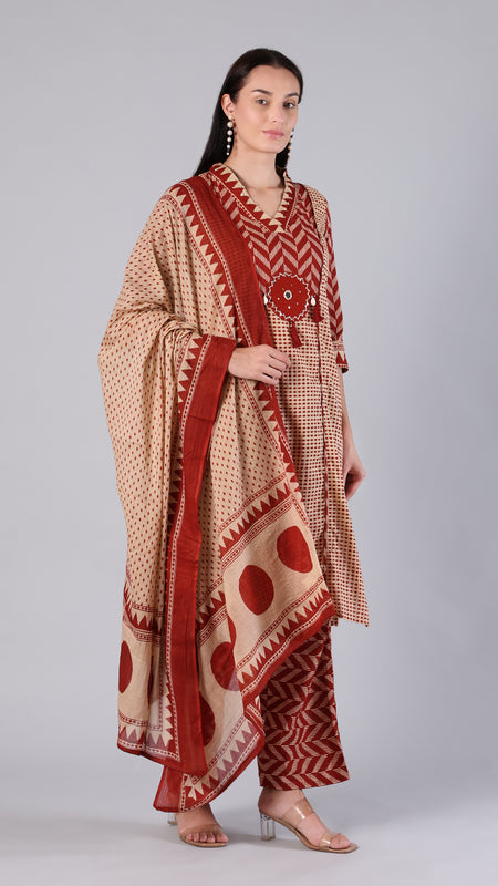 Maroon Geometric Pure Cotton Suit Set