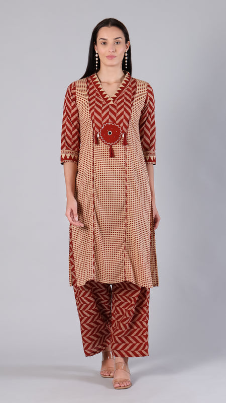 Maroon Geometric Pure Cotton Suit Set