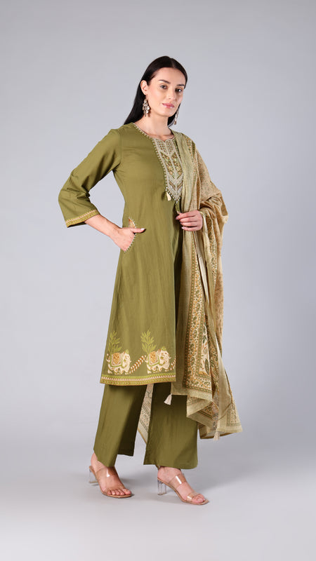 Green Anarkali Print Cotton A-Line Suit Set