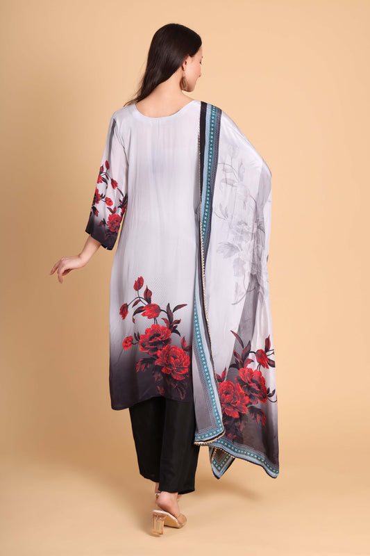 Floral Printed Crepe Kurta Set with Embroidery – Black & Red