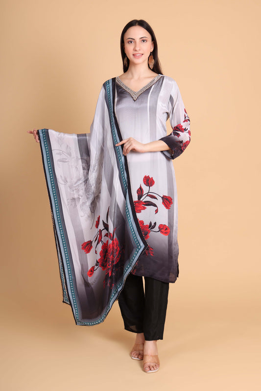 Floral Printed Crepe Kurta Set with Embroidery – Black & Red