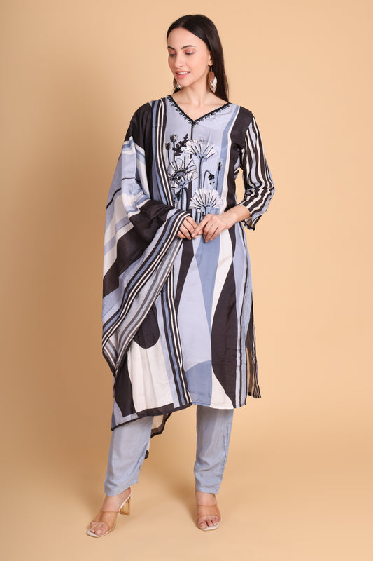 Muslin Printed Kurta Set with Embroidered Neck – Blue & Black