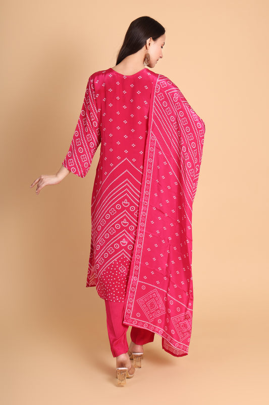Crepe Bandhani Printed Kurta Set with Handwork Neck – Pink
