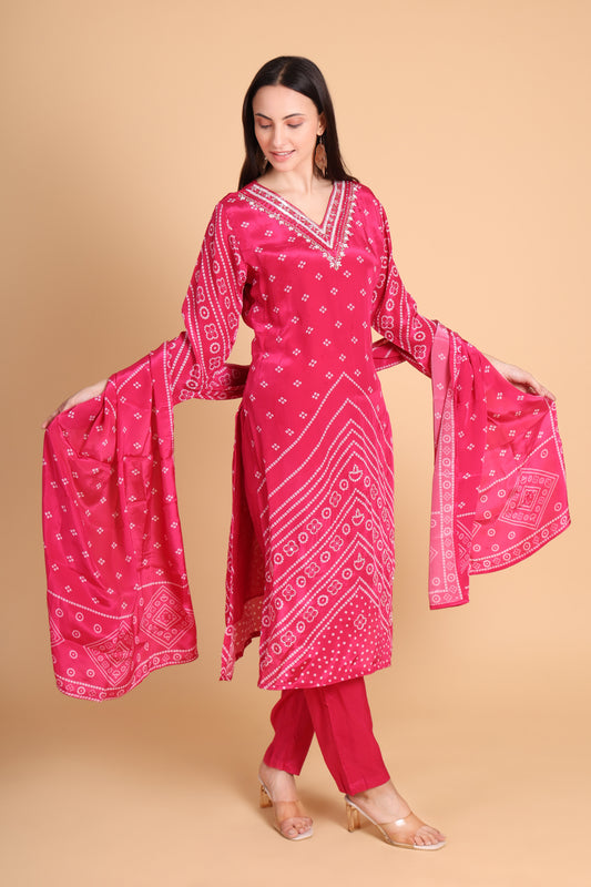 Crepe Bandhani Printed Kurta Set with Handwork Neck – Pink