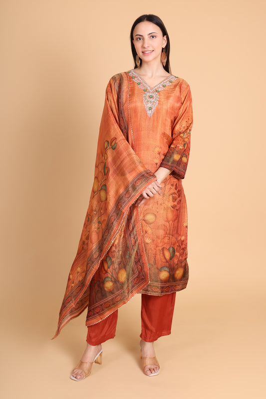 Tissue Embroidered Kurta Set with Printed Dupatta – Rust