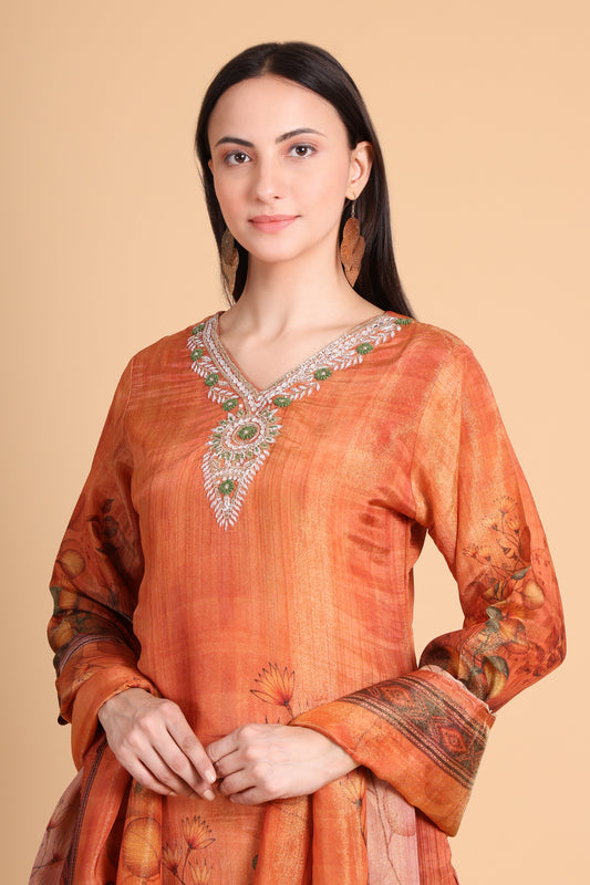 Tissue Embroidered Kurta Set with Printed Dupatta – Rust