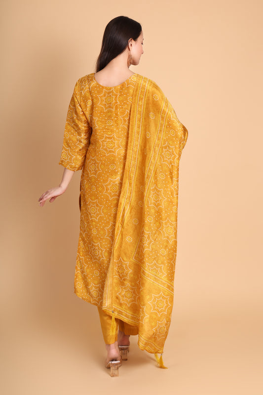 Mustard Tissue Bandhani Kurta Set with Dupatta