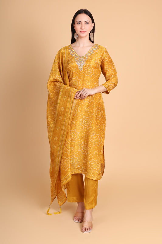 Mustard Tissue Bandhani Kurta Set with Dupatta