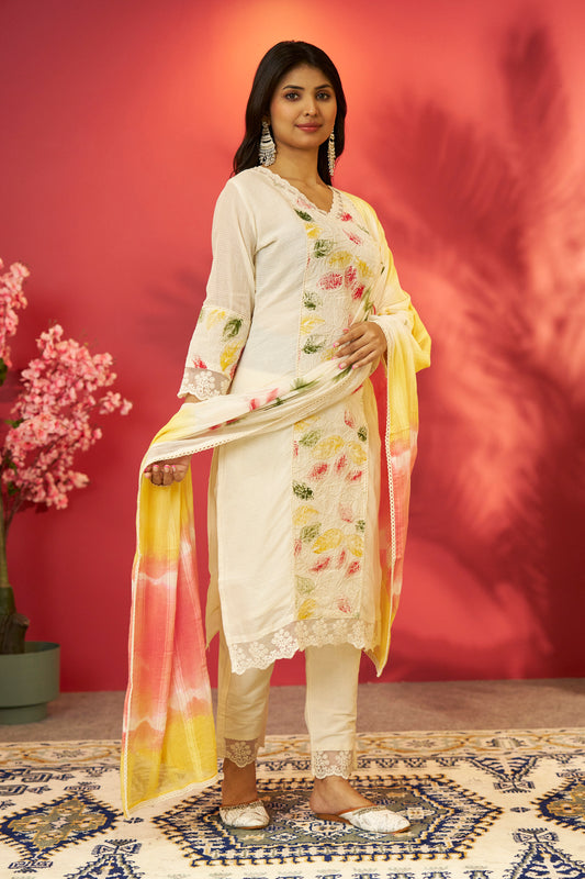 Off White Lace Straight Pant Suit Set with Embroidery
