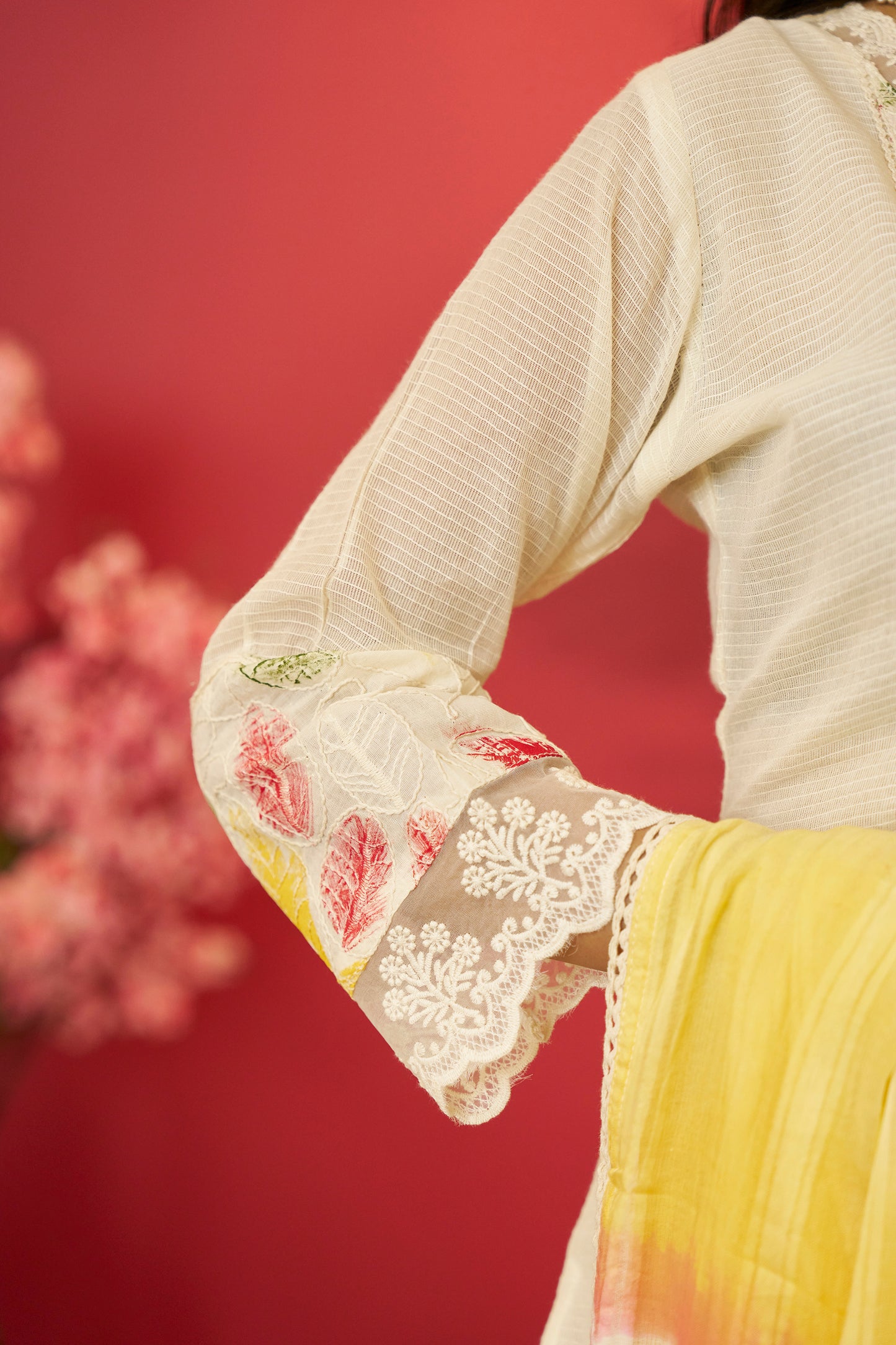 Off White Lace Straight Pant Suit Set with Embroidery