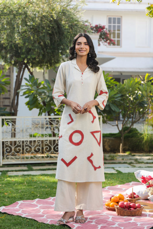 Off White Solid Khadi Cotton Palazzo Suit Set