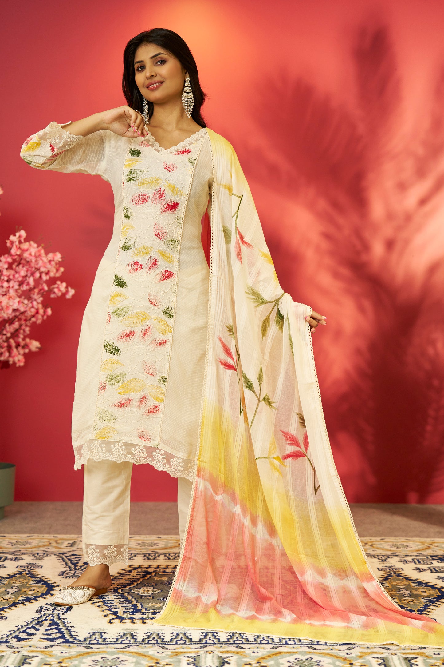 Off White Lace Straight Pant Suit Set with Embroidery