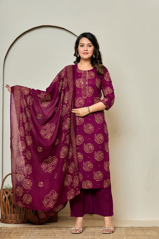 Maroon Geometric Straight Pant Suit Set with Mirror Work