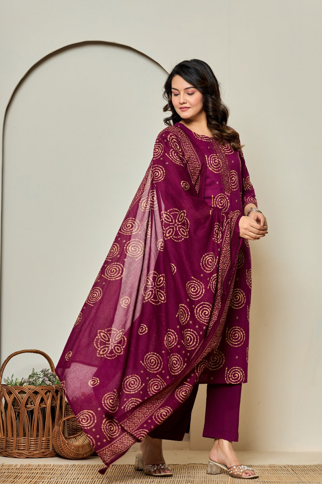 Maroon Geometric Straight Pant Suit Set with Mirror Work