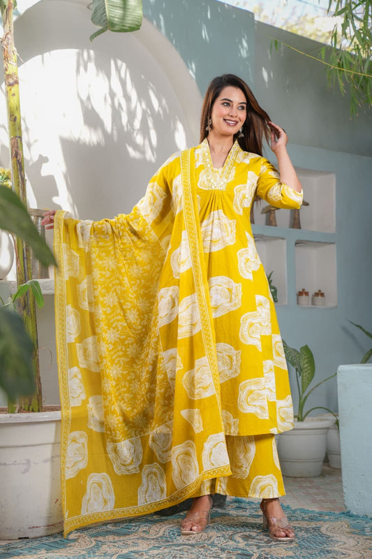 Yellow Abstract Palazzo Suit Set