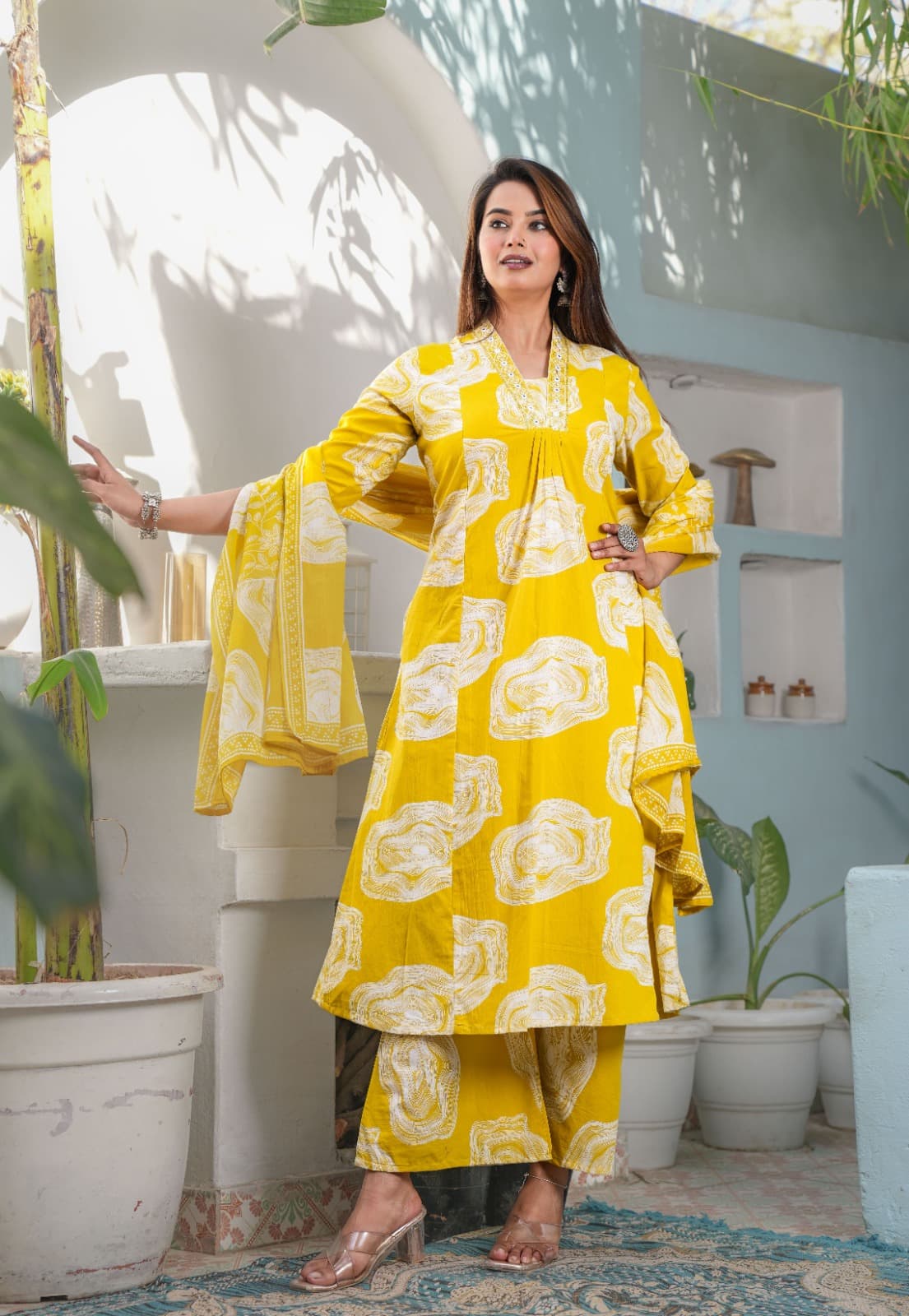 Yellow Abstract Palazzo Suit Set