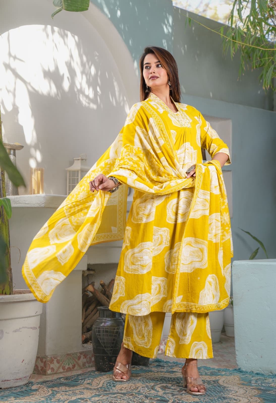 Yellow Abstract Palazzo Suit Set