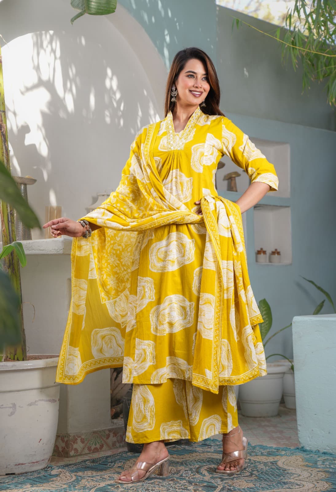 Yellow Abstract Palazzo Suit Set