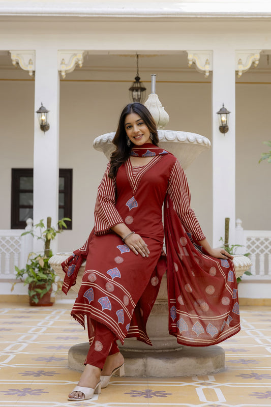 Maroon Block Straight Pant Suit Set with Border Patch