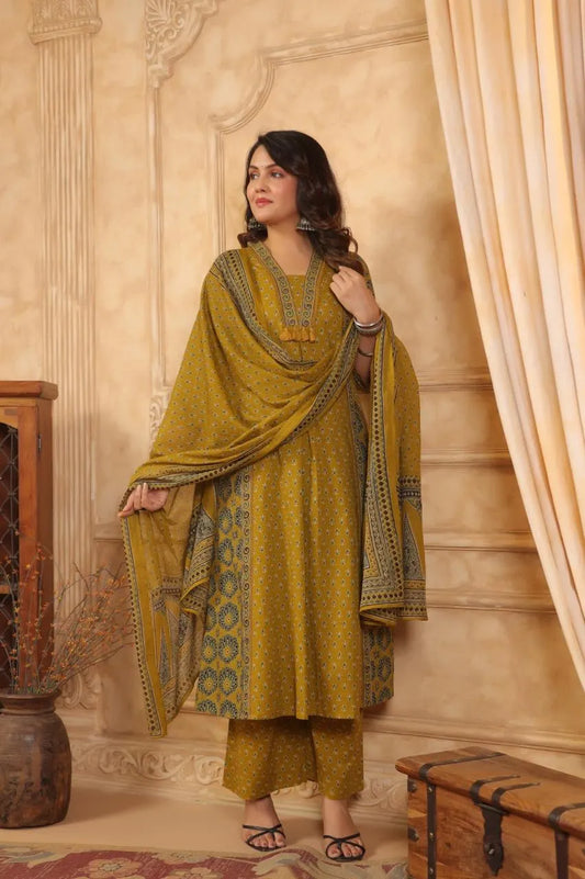 Mustard Yellow Floral Palazzo Suit Set with Tassels