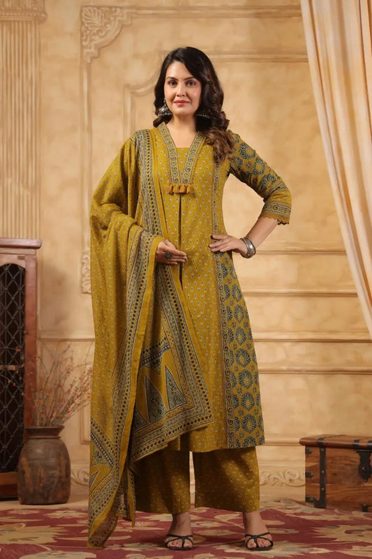 Mustard Yellow Floral Palazzo Suit Set with Tassels