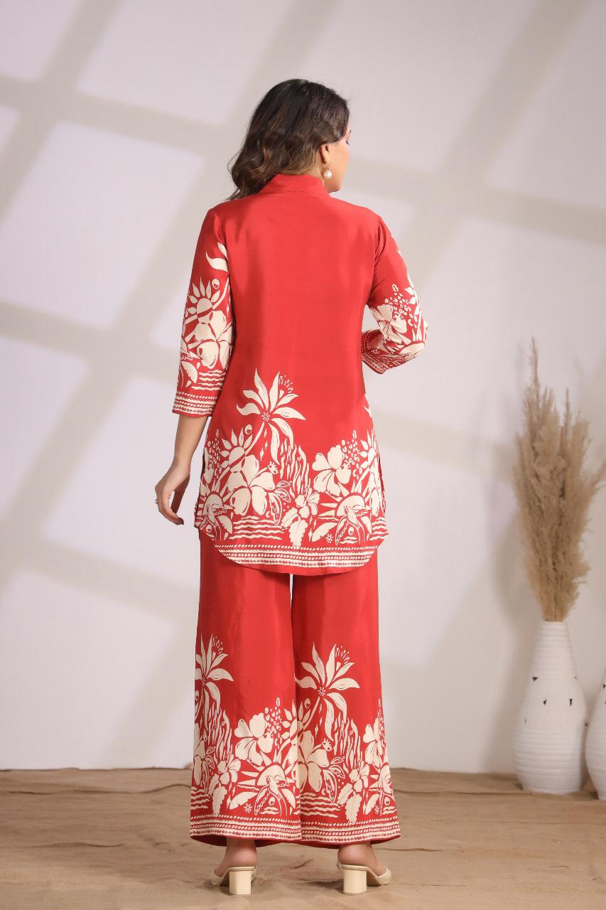 Rusty Orange Floral Chanderi Palazzo Suit Set with Buttons