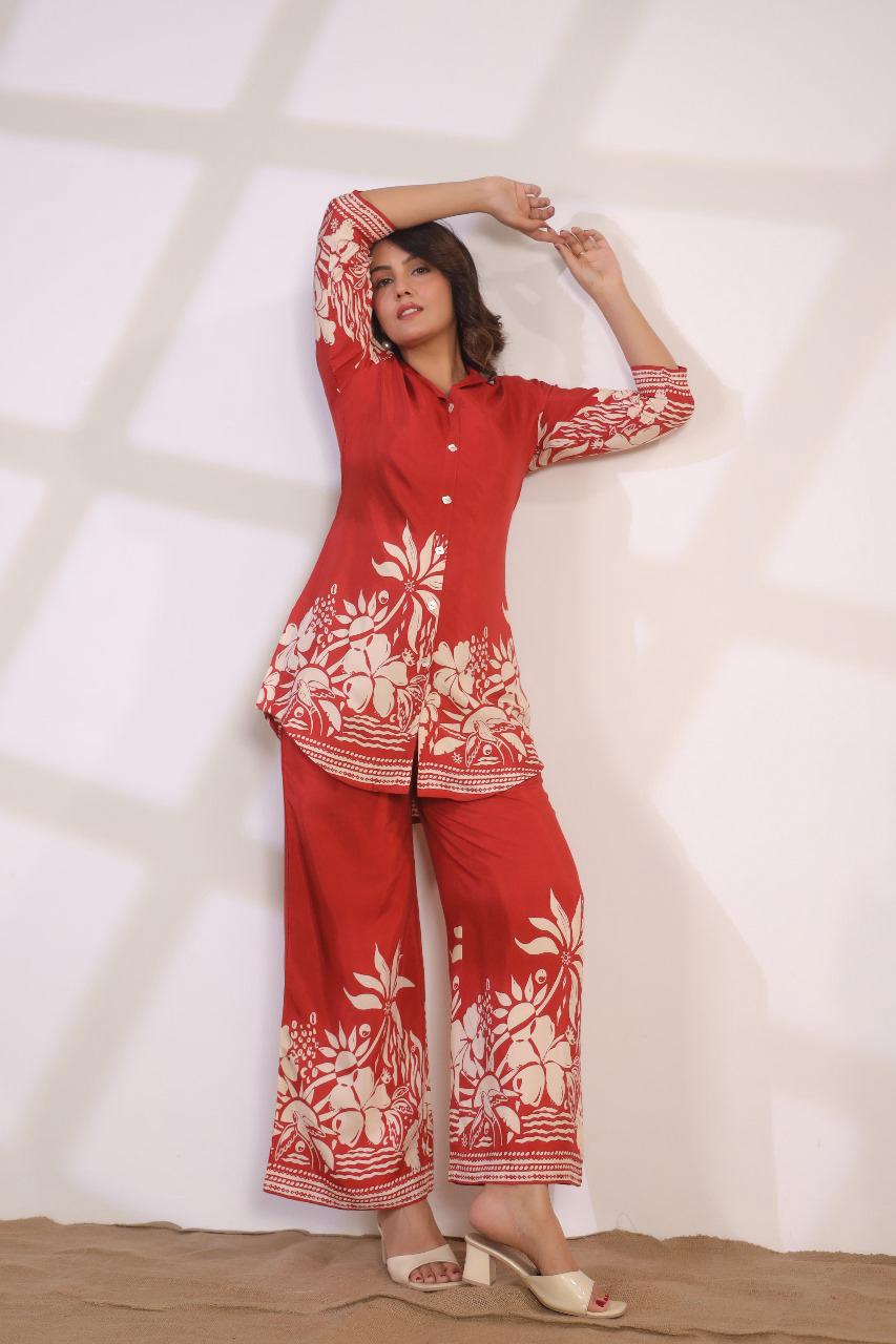 Rusty Orange Floral Chanderi Palazzo Suit Set with Buttons