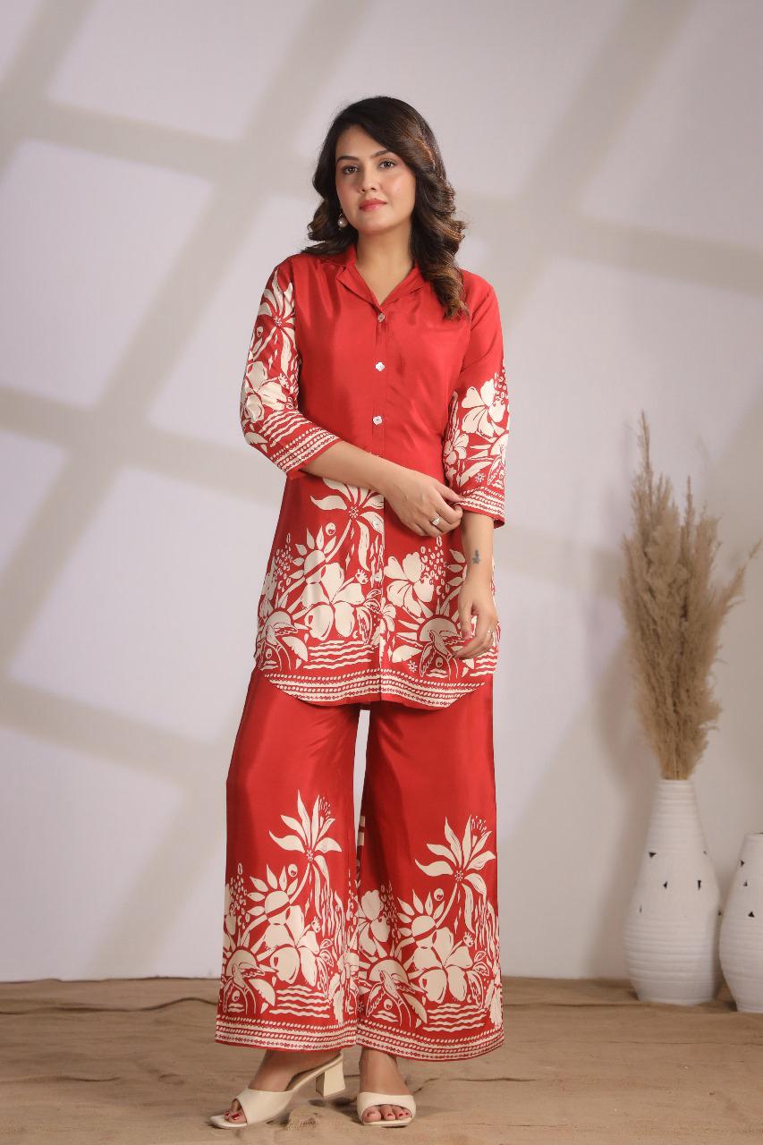 Rusty Orange Floral Chanderi Palazzo Suit Set with Buttons