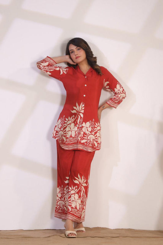 Rusty Orange Floral Chanderi Palazzo Suit Set with Buttons