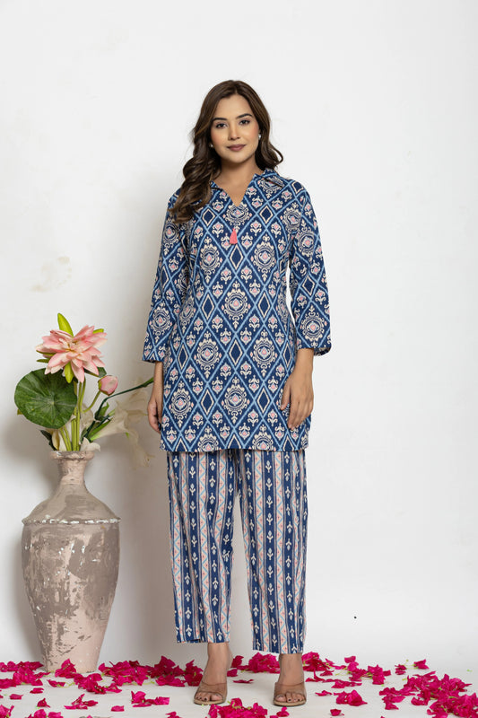 Navy Blue Abstract Palazzo Suit Set with Tassels